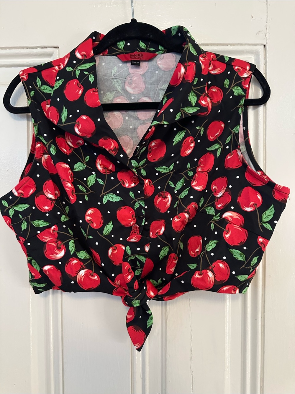 Rockabilly retro pin up Black Cherry Tie-Front Crop Top size XL nwot